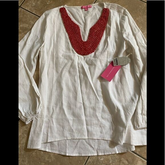 NWT Isaac Mizrahi L Stone Embellished Linen Blend Tunic Top - Picture 1 of 7